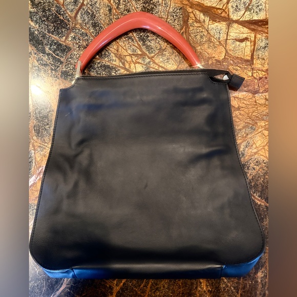 NWOT Made in Italy Black Leather Acetate Handled Satchel Top Handled Bag Purse - Picture 7 of 11